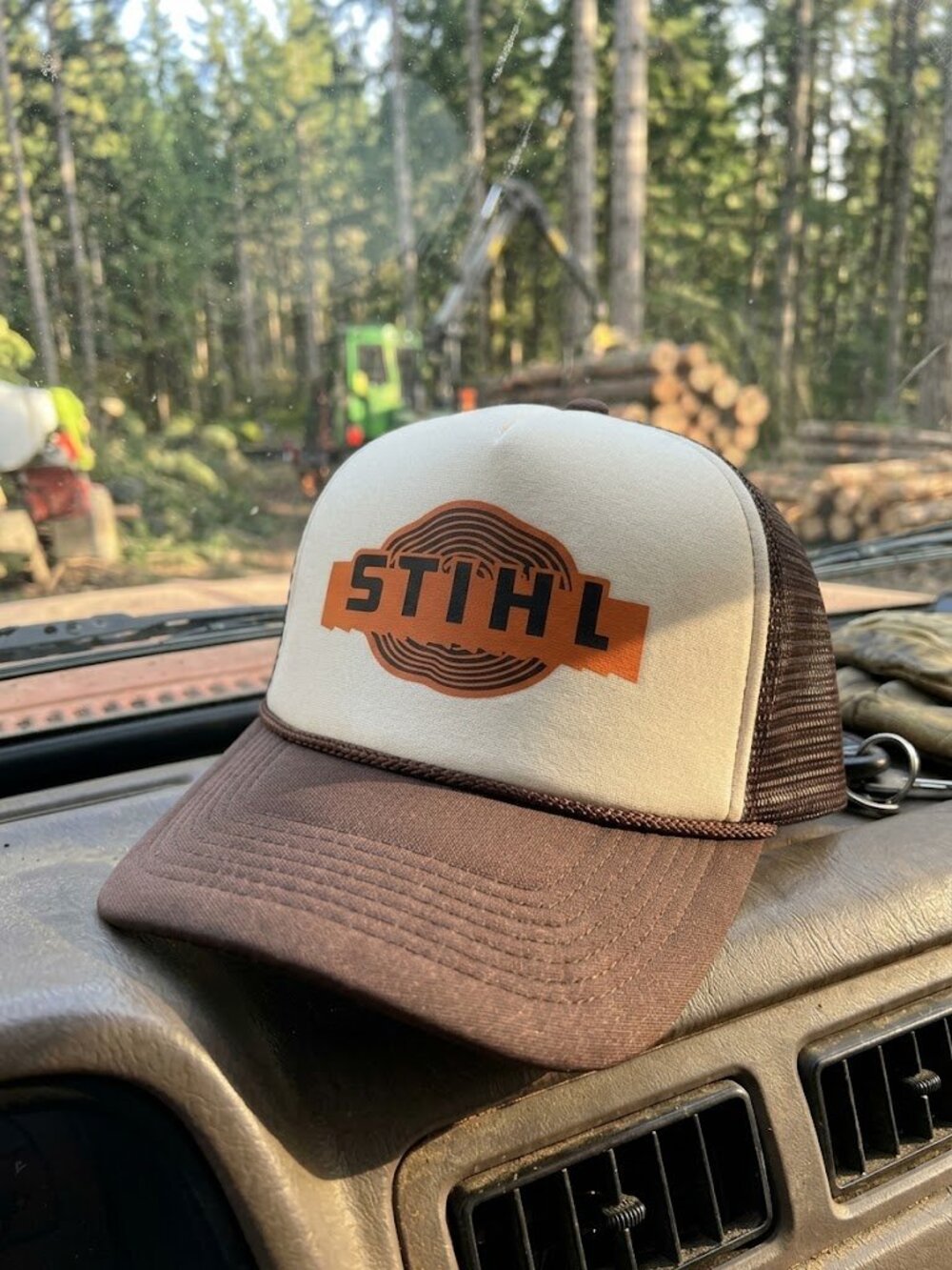 Chainsaw Hat Logging Forestry Tree Rings Print Foam Trucker Brown Cream Cap New